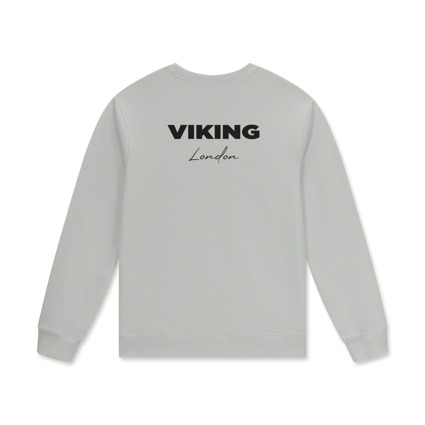 Light grey Light Viking Jumper with black Viking London text on back, made from lightweight breathable cotton.