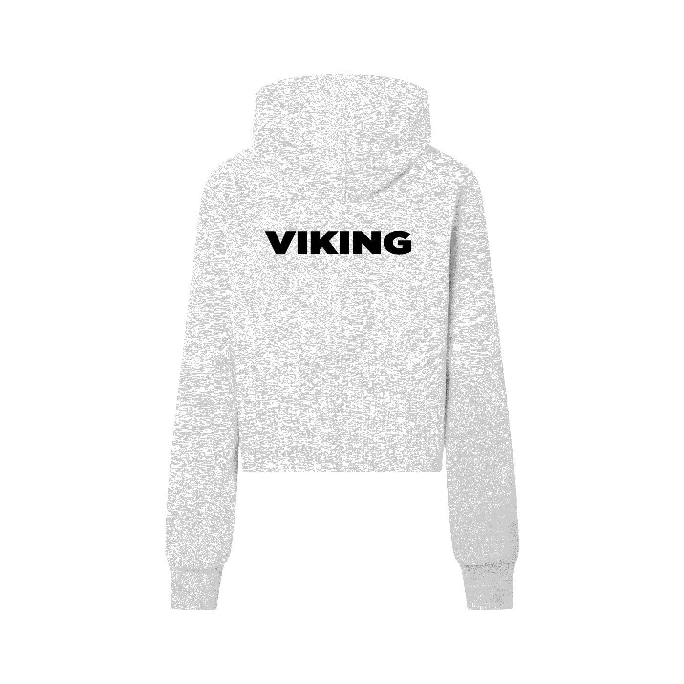 White cropped Viking hoodie with black bold "VIKING" text on back, featuring long sleeves and a relaxed fit.