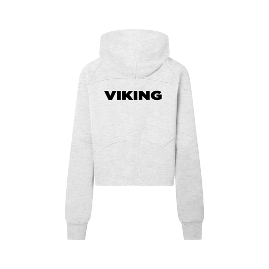 White cropped Viking hoodie with black bold "VIKING" text on back, featuring long sleeves and a relaxed fit.