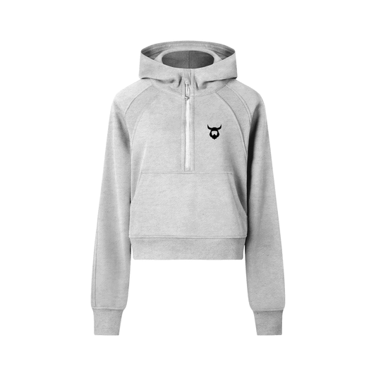 Light grey cropped Viking hoodie with half-zip front and black Viking helmet logo on chest