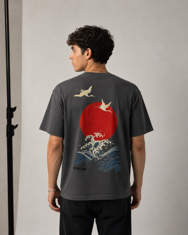 Lightweight Viking Oversized Red Sun T-Shirt - Model Wearing