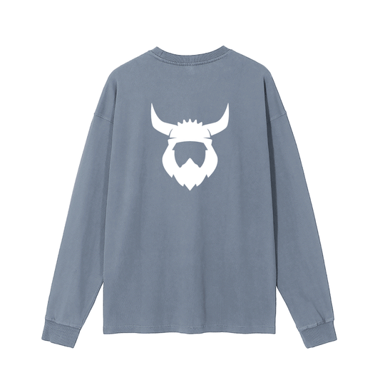 Sky blue long sleeve cotton shirt with white Viking helmet logo on the back, casual and comfortable design.
