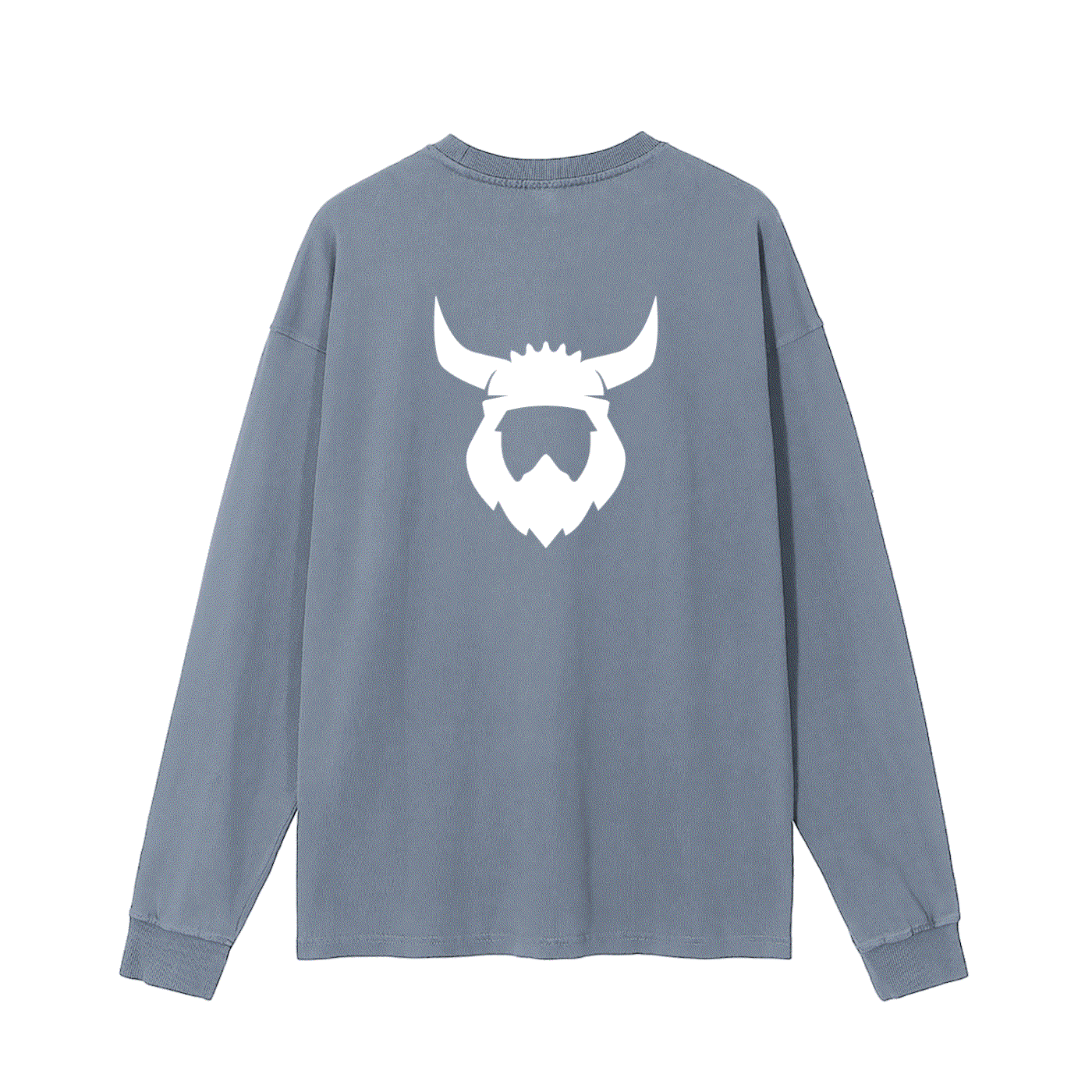Sky blue long sleeve cotton shirt with white Viking helmet logo on the back, casual and comfortable design.