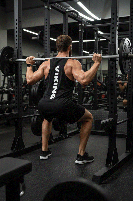 Bearded man doing barbell squat showing back of Active Viking Vest