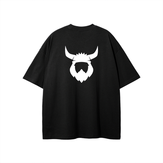 Black Viking t-shirt with bold white Viking helmet logo on back, made from soft breathable cotton, classic fit.