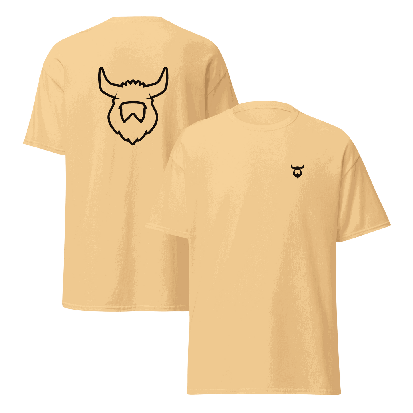 Light weight Viking T-shirt in beige with black Viking helmet design on chest and back, made of 100% cotton, unisex classic fit.