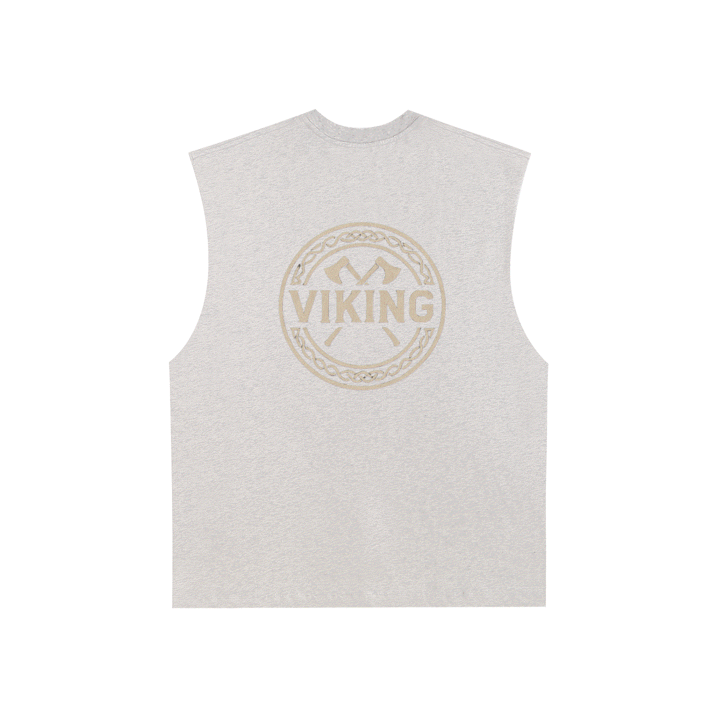 Light grey raw edge cotton tank top with sleeveless design and Viking emblem print on the back