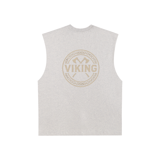 Light grey raw edge cotton tank top with sleeveless design and Viking emblem print on the back