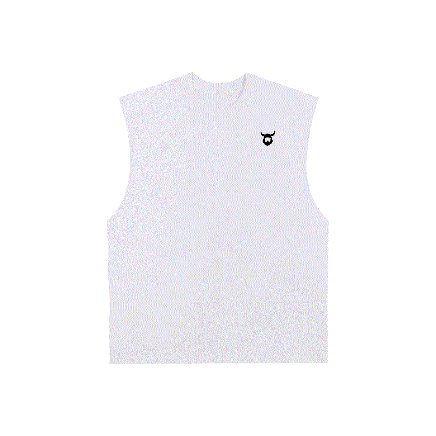 White raw edge cotton tank top with sleeveless design and small black logo on chest, unisex loose fit, 100% cotton fabric.
