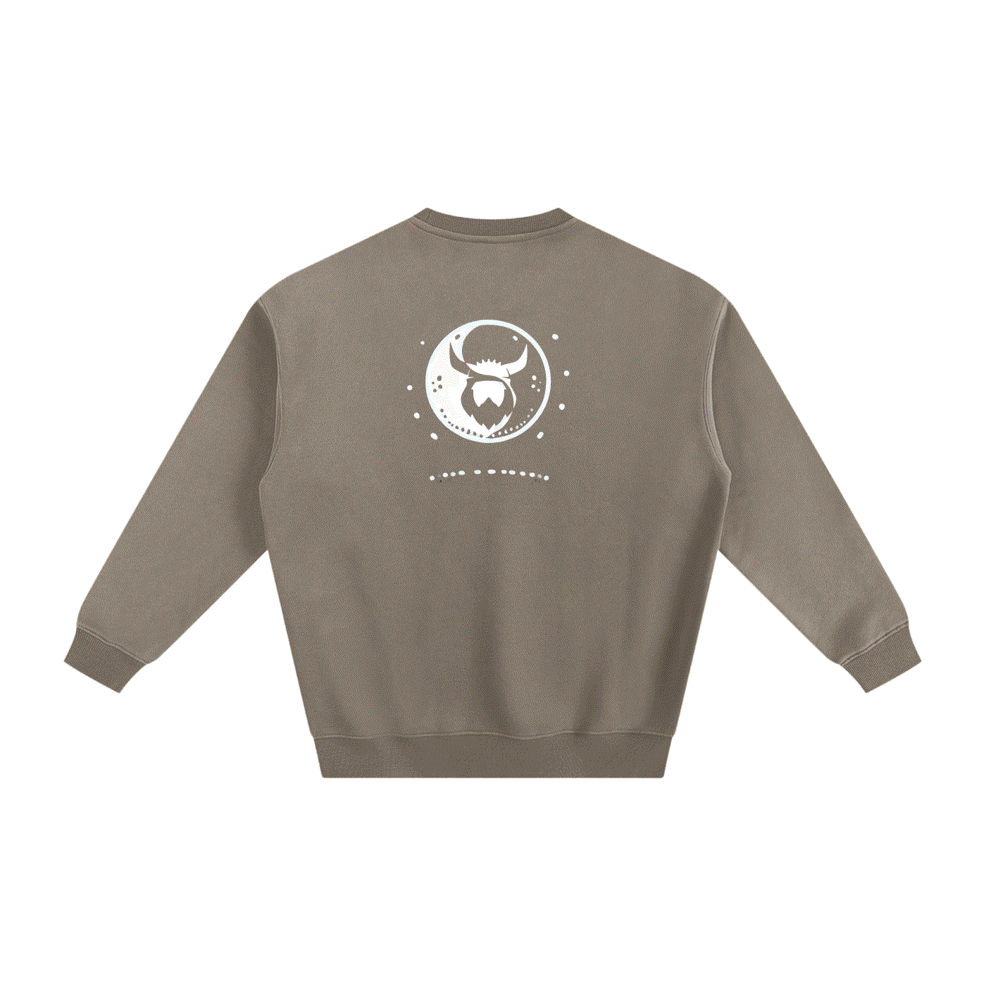 Unisex loose fit Ying Yang Viking Sweater in brown with Viking emblem on back, thick cotton blend fabric, casual long sleeve O-neck jumper.