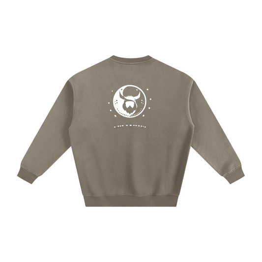 Unisex loose fit Ying Yang Viking Sweater in brown with Viking emblem on back, thick cotton blend fabric, casual long sleeve O-neck jumper.