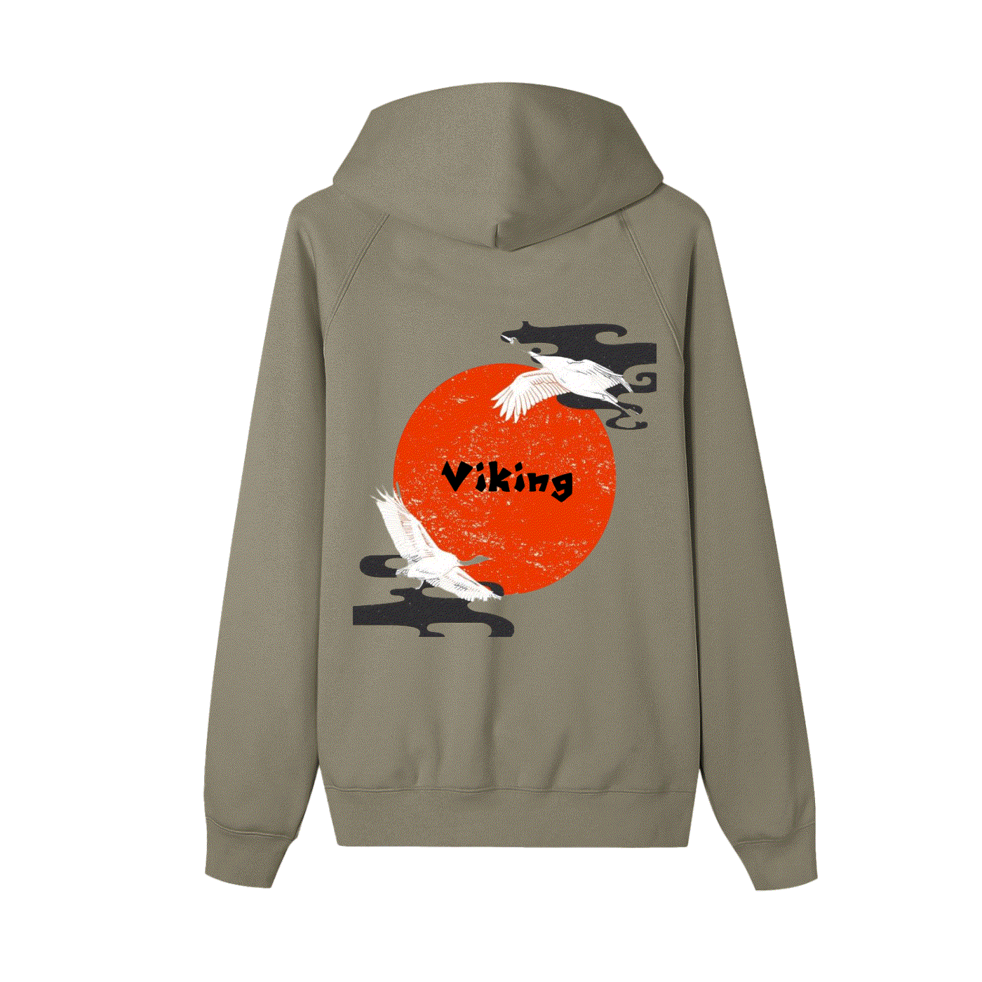 Japanese Viking Hoodie in olive green with a red sun, black clouds, and white cranes graphic on the back.