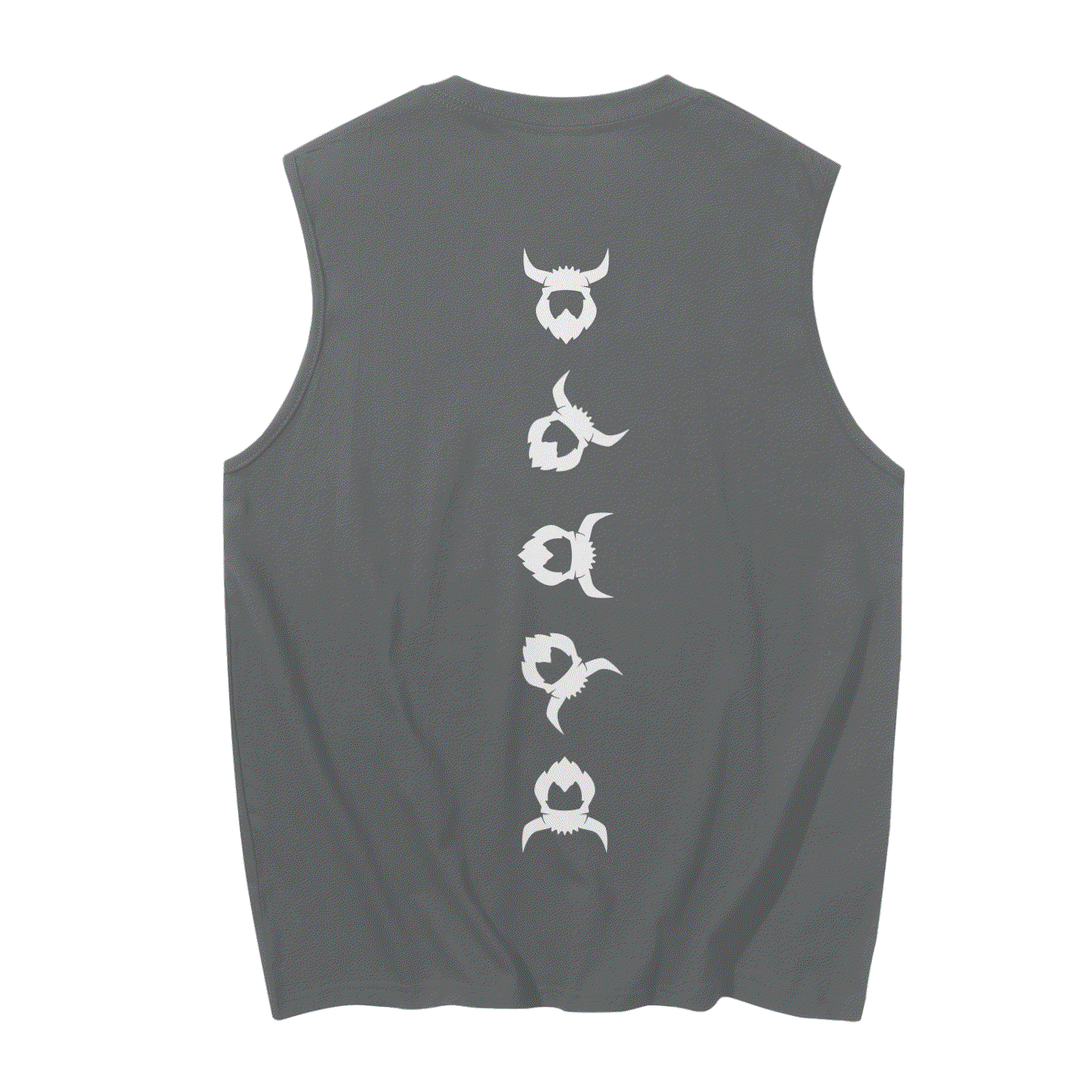Charcoal Viking Tank Top with white Viking helmet and beard designs down the back, lightweight summer sleeveless shirt.