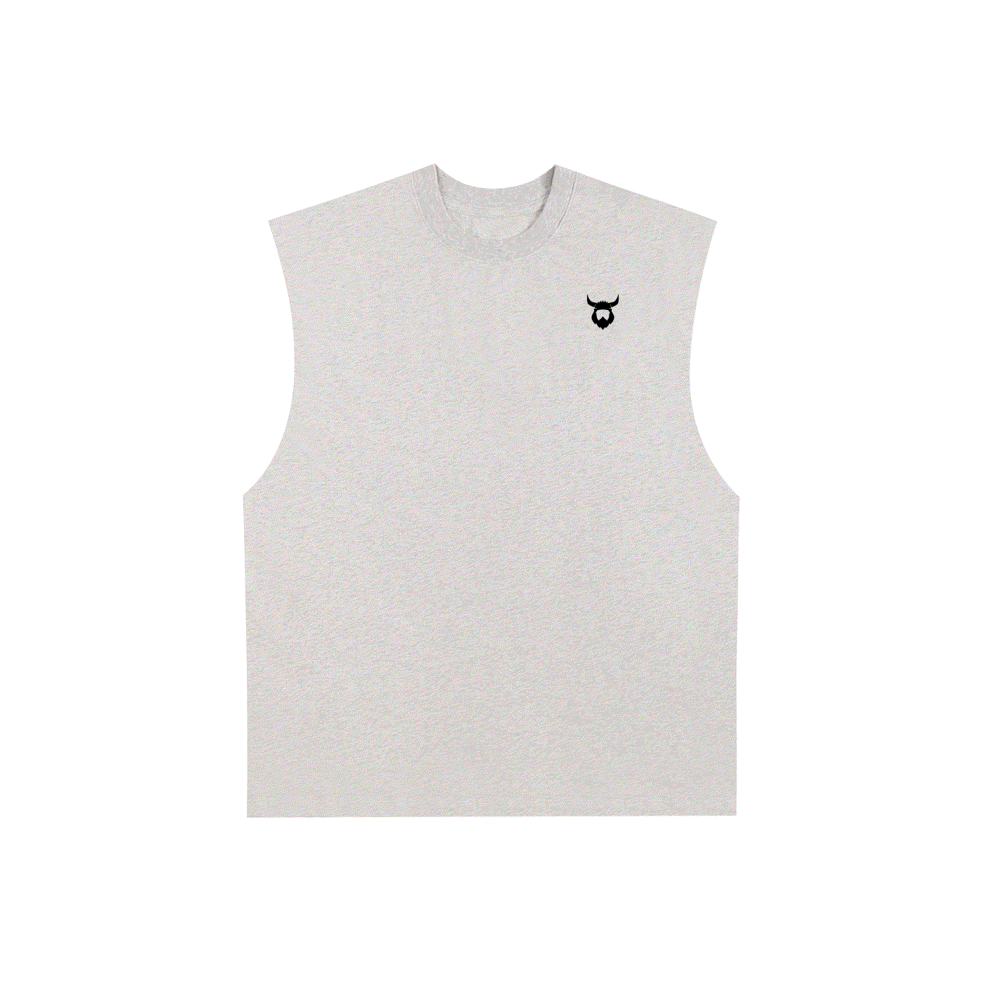 Unisex raw edge cotton tank top in light gray with small black logo on chest, loose fit sleeveless casual shirt