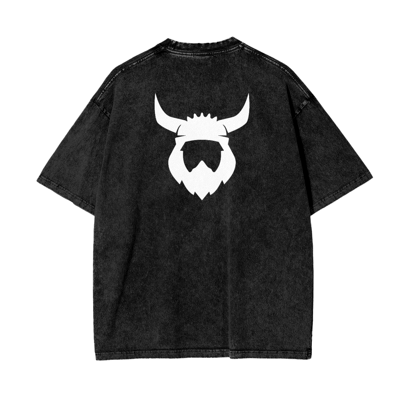Oversize black stonewashed t-shirt with white Viking helmet graphic on back, casual streetwear style