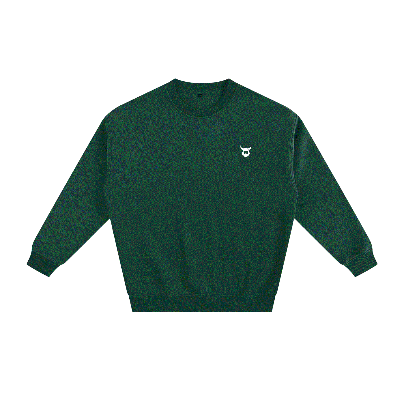 Unisex deep green fleece sweatshirt with small white Viking helmet emblem on chest, featuring a round neck and long sleeves, designed for comfort and casual wear.