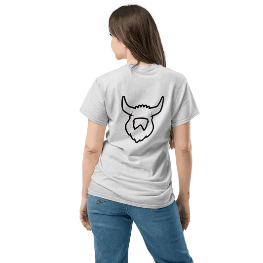 Light weight Viking T-shirt in grey with Viking horned helmet graphic on back, worn by woman, casual cotton tee.