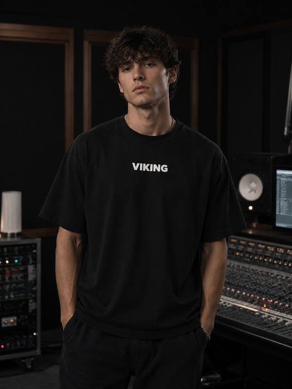 Viking Oversized T-shirt | Black | Large Box Logo - Model Wearing