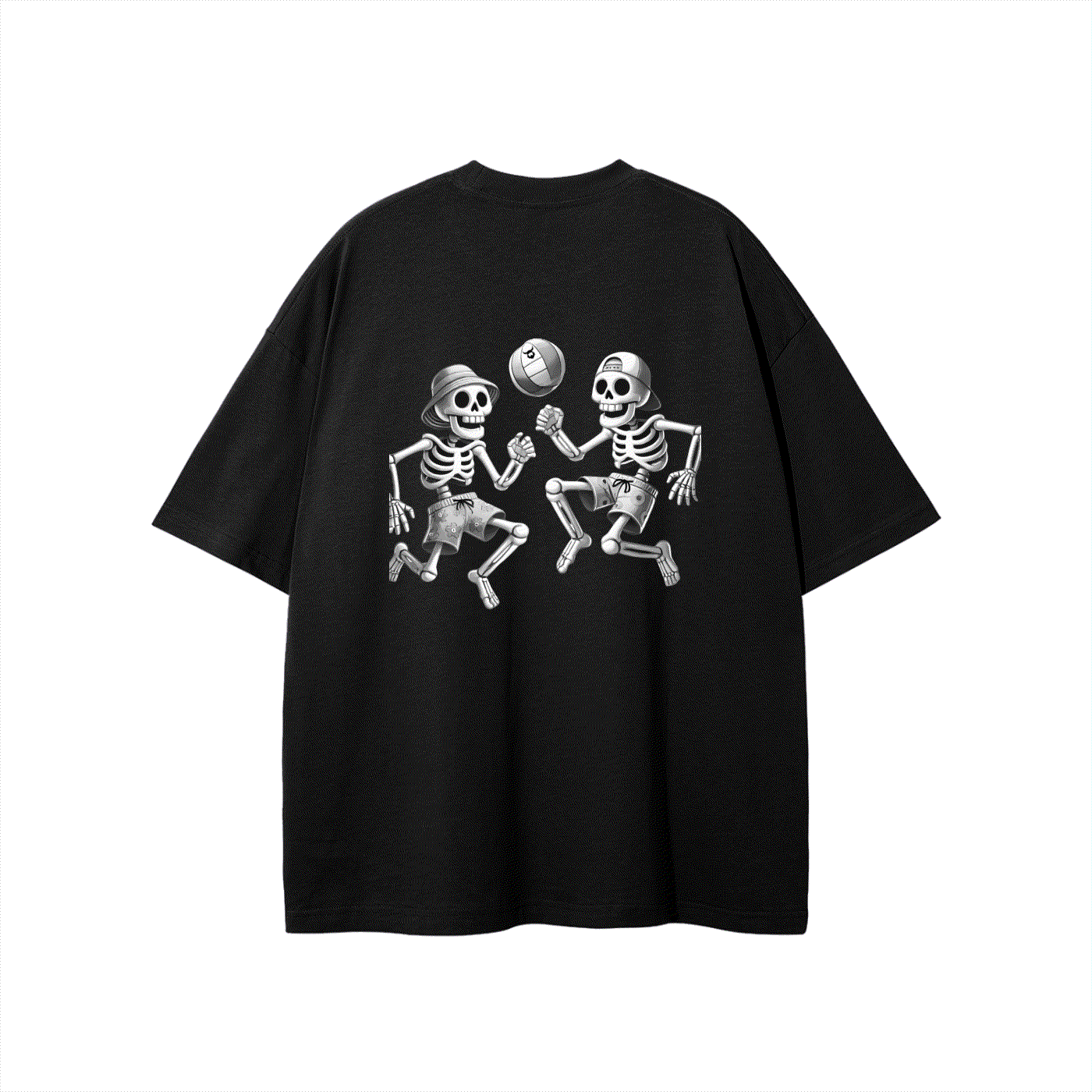Black Volleyball Viking t-shirt with a graphic of two skeletons playing volleyball on the back
