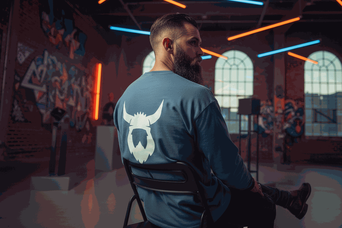 Man wearing blue long sleeve Viking shirt with Viking logo on back in urban setting