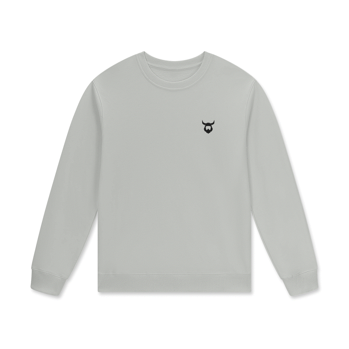 Light grey Light Viking Jumper with black minimalist Viking helmet logo on chest, made from lightweight cotton, featuring long sleeves and comfortable fit.