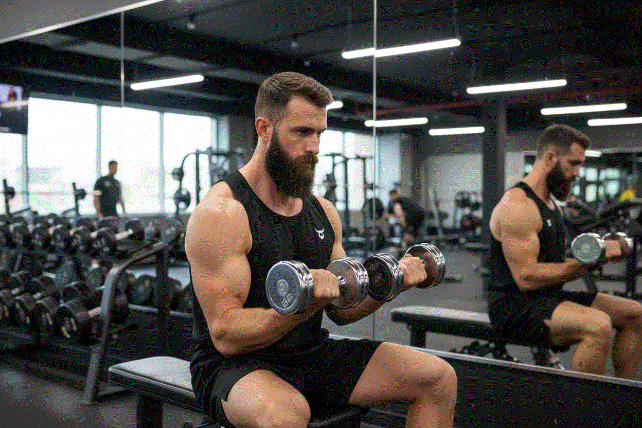 Bearded man doing arm curls with mirror reflection showing vest back