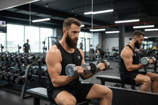 Bearded man doing arm curls with mirror reflection showing vest back