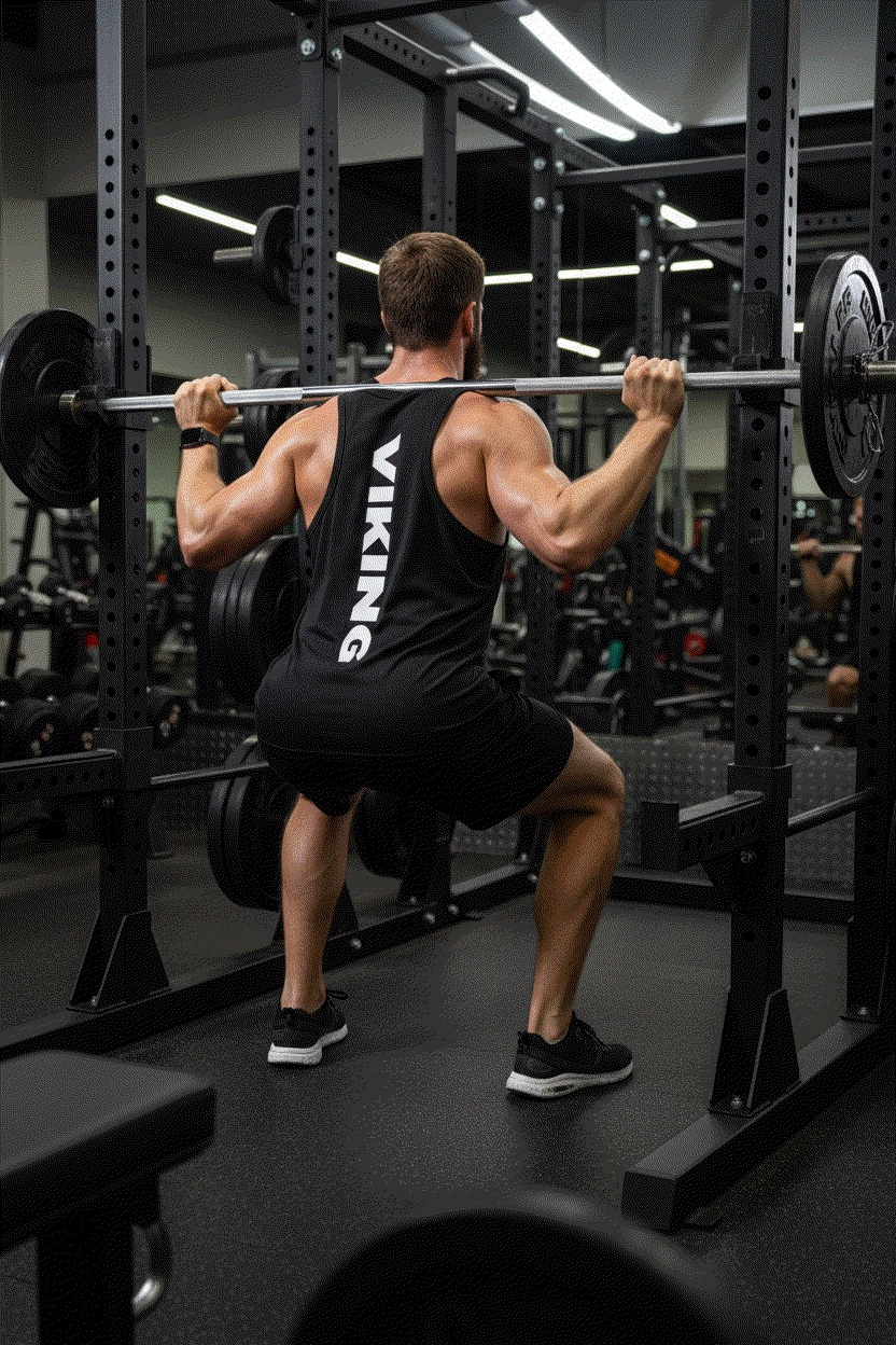Bearded man doing barbell squat showing back of Active Viking Vest