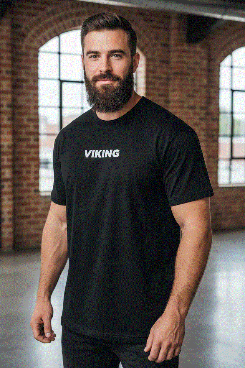Bearded man wearing Black Viking t-shirt with correct logo