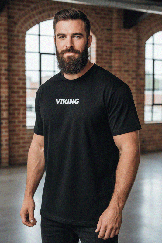 Bearded man wearing Black Viking t-shirt with correct logo