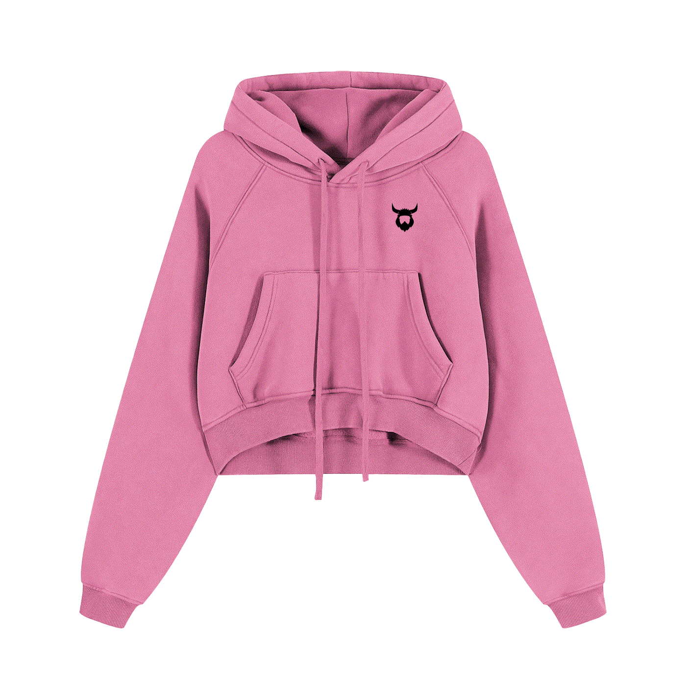 Pink snow washed cropped hoodie with front pocket and small black Viking logo on chest
