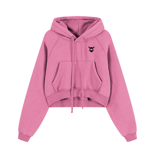 Pink snow washed cropped hoodie with front pocket and small black Viking logo on chest