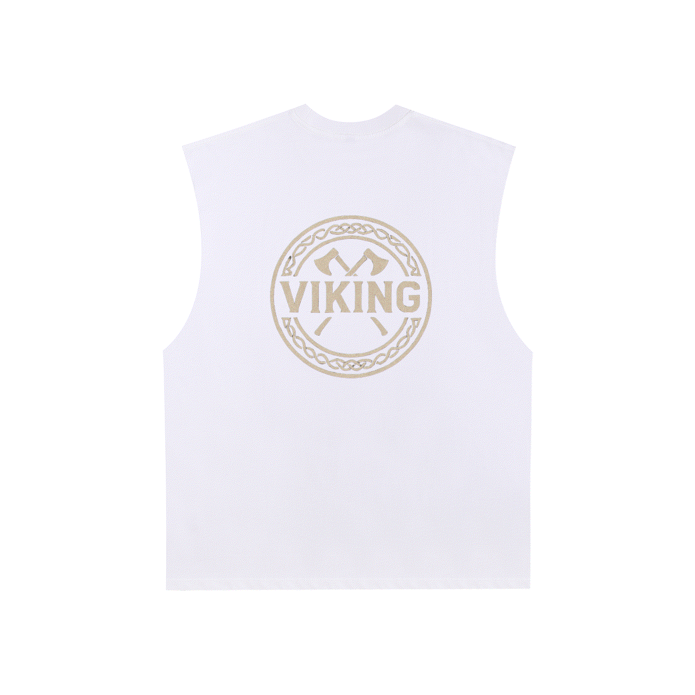 White raw edge cotton tank top with Viking logo print, unisex loose fit, sleeveless casual summer wear