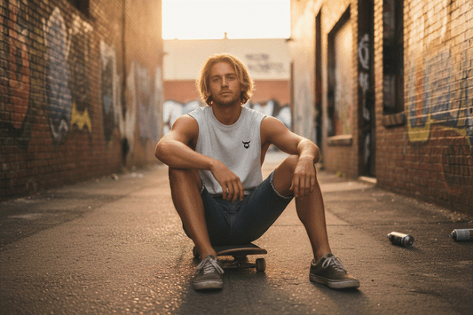 Cool surfer guy wearing Raw Edge Viking Tank Top with correct logo