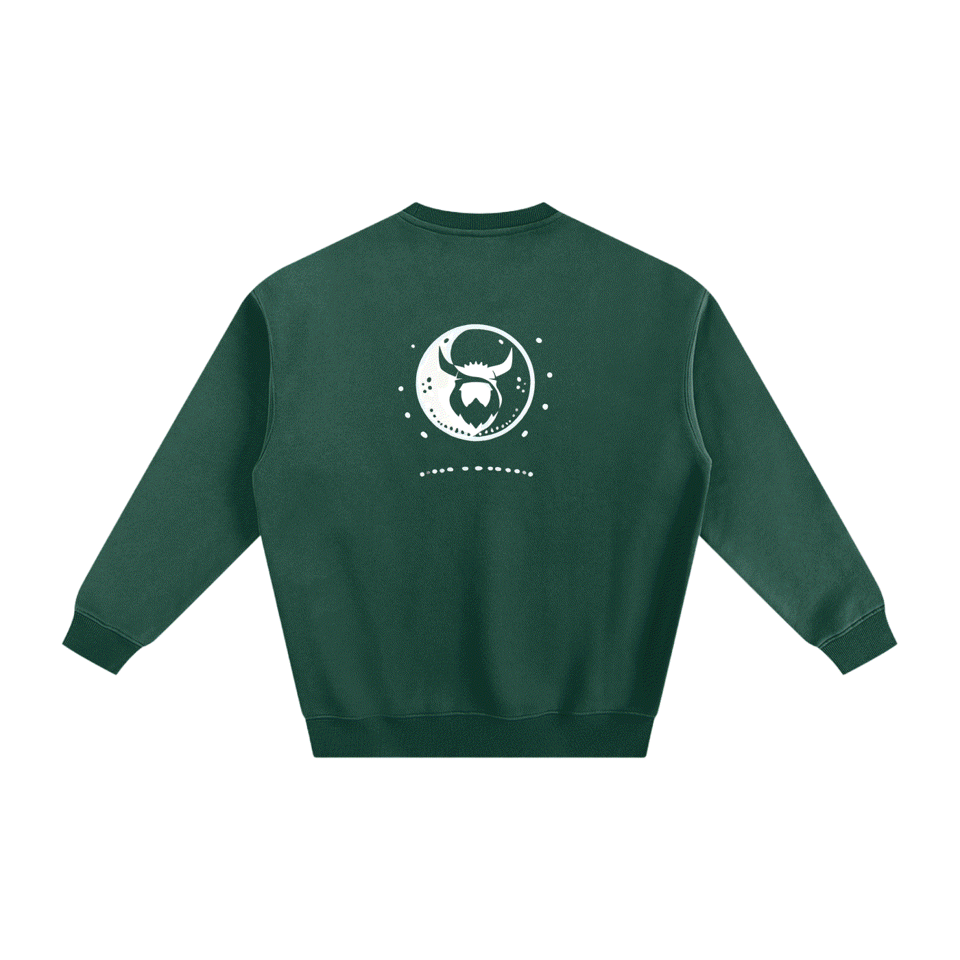 Dark green fleece sweatshirt with Viking emblem and Ying Yang design on the back, unisex loose fit, long sleeve, round neck.