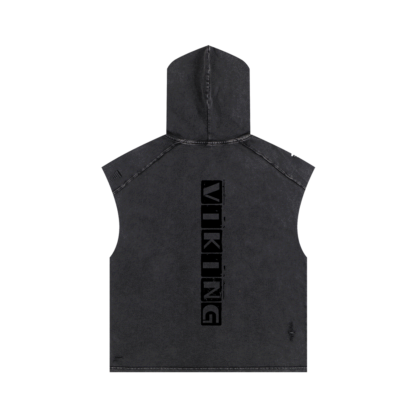 Black sleeveless hooded tank top with vertical "VIKING" text and a washed, frayed, boxy design