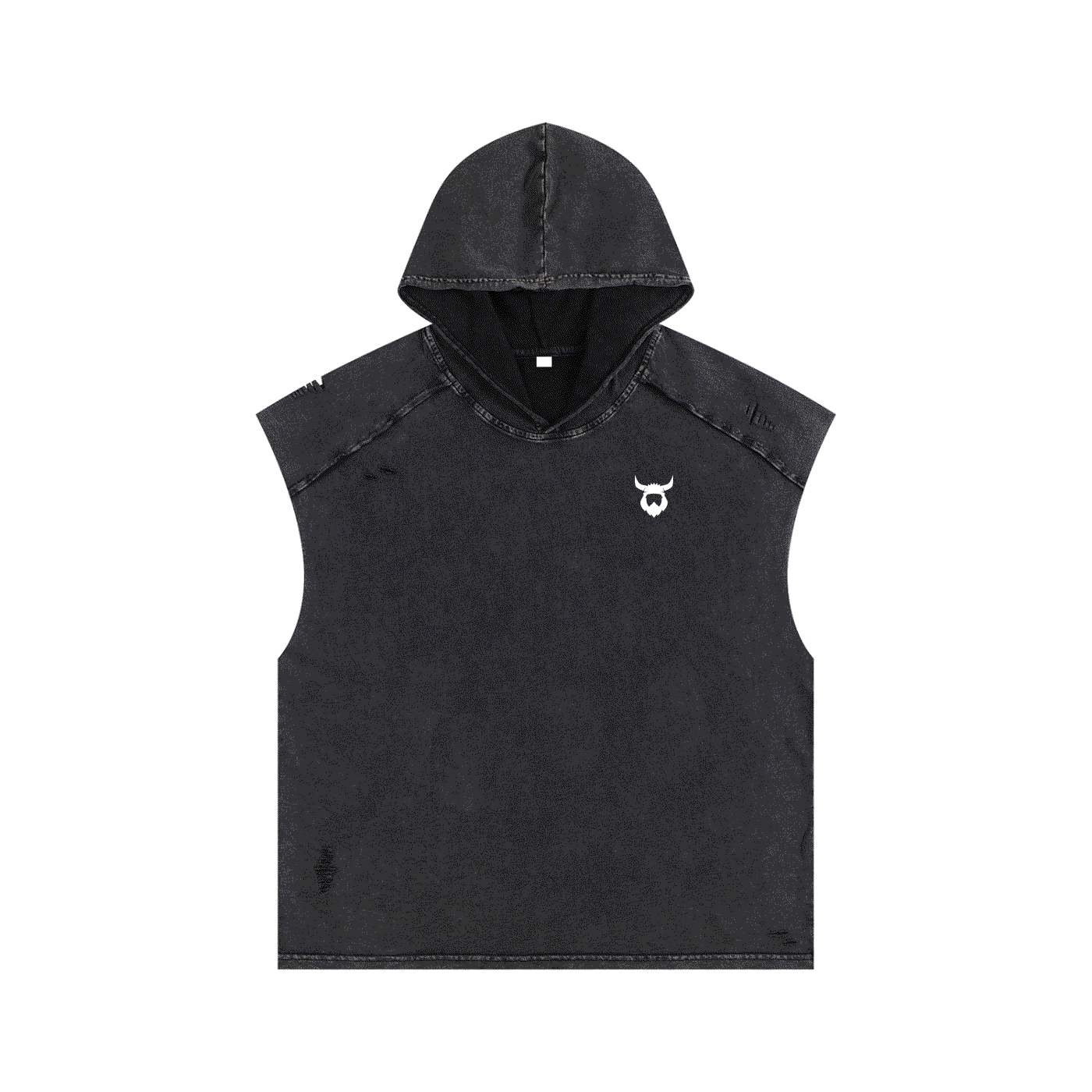 Black sleeveless boxy hoodie tank top with worn wash and Viking logo on chest