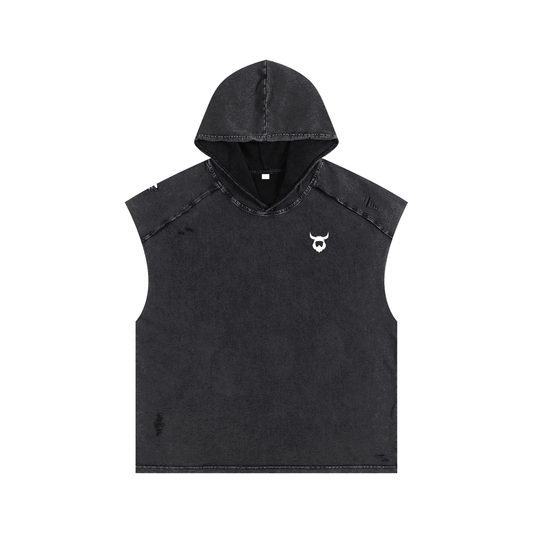 Black sleeveless boxy hoodie tank top with worn wash and Viking logo on chest