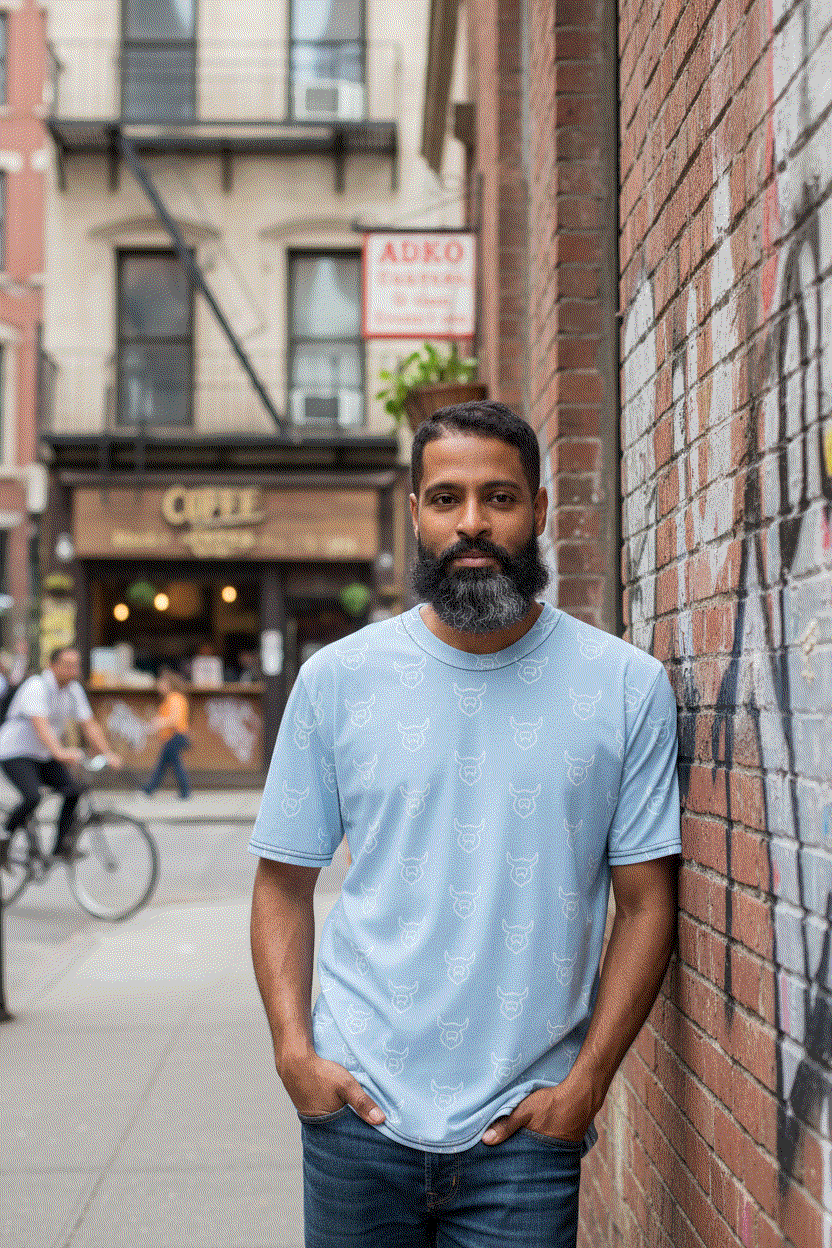 Man wearing all-over Viking t-shirt in urban setting with character