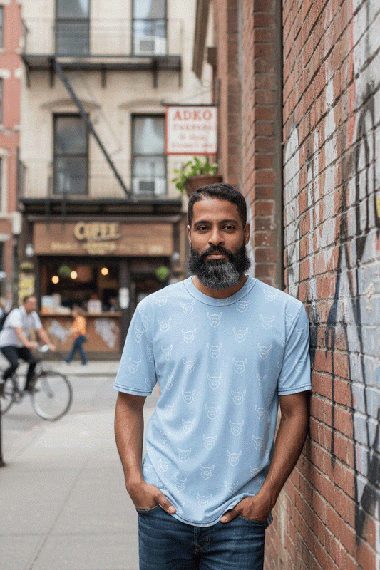 Man wearing all-over Viking t-shirt in urban setting with character
