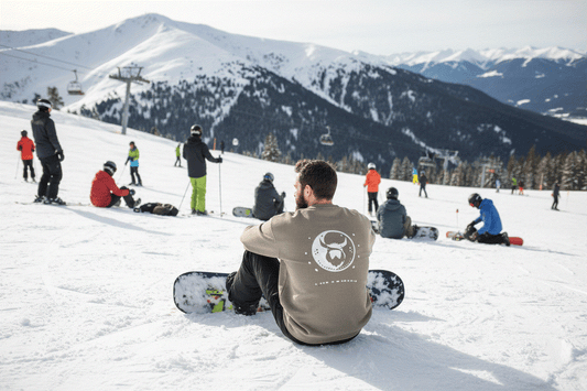 Snowboarder at top of ski run wearing Ying Yang Viking Sweater