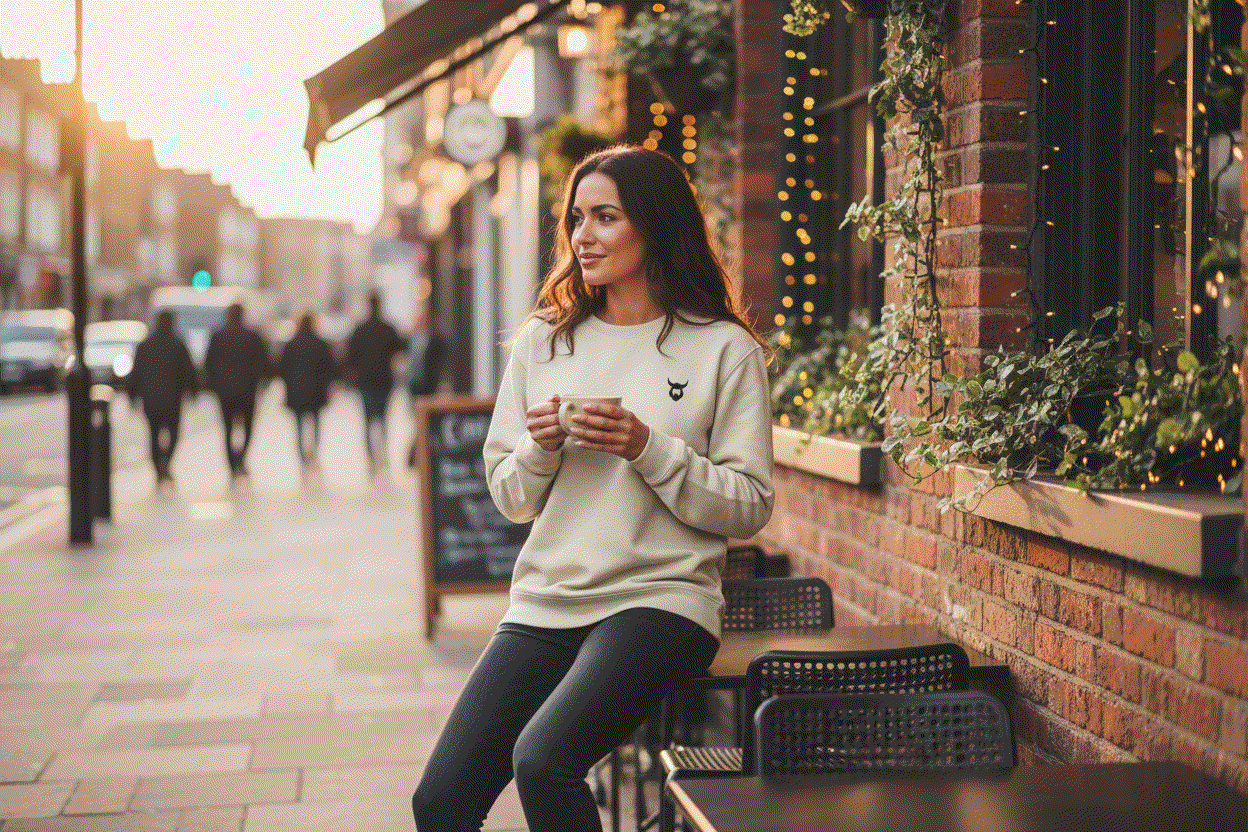 Stylish woman wearing Light Viking Jumper at East London coffee bar