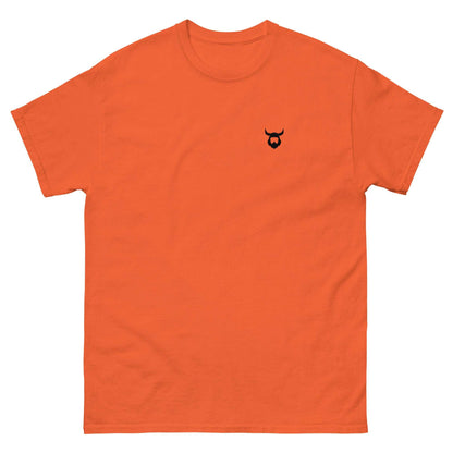 Orange lightweight Viking T-shirt with small black Viking helmet and beard logo on chest, 100% cotton unisex classic tee.