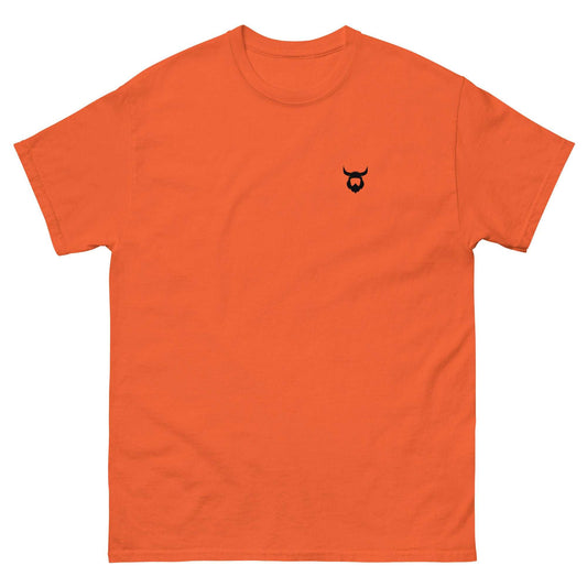 Orange lightweight Viking T-shirt with small black Viking helmet and beard logo on chest, 100% cotton unisex classic tee.