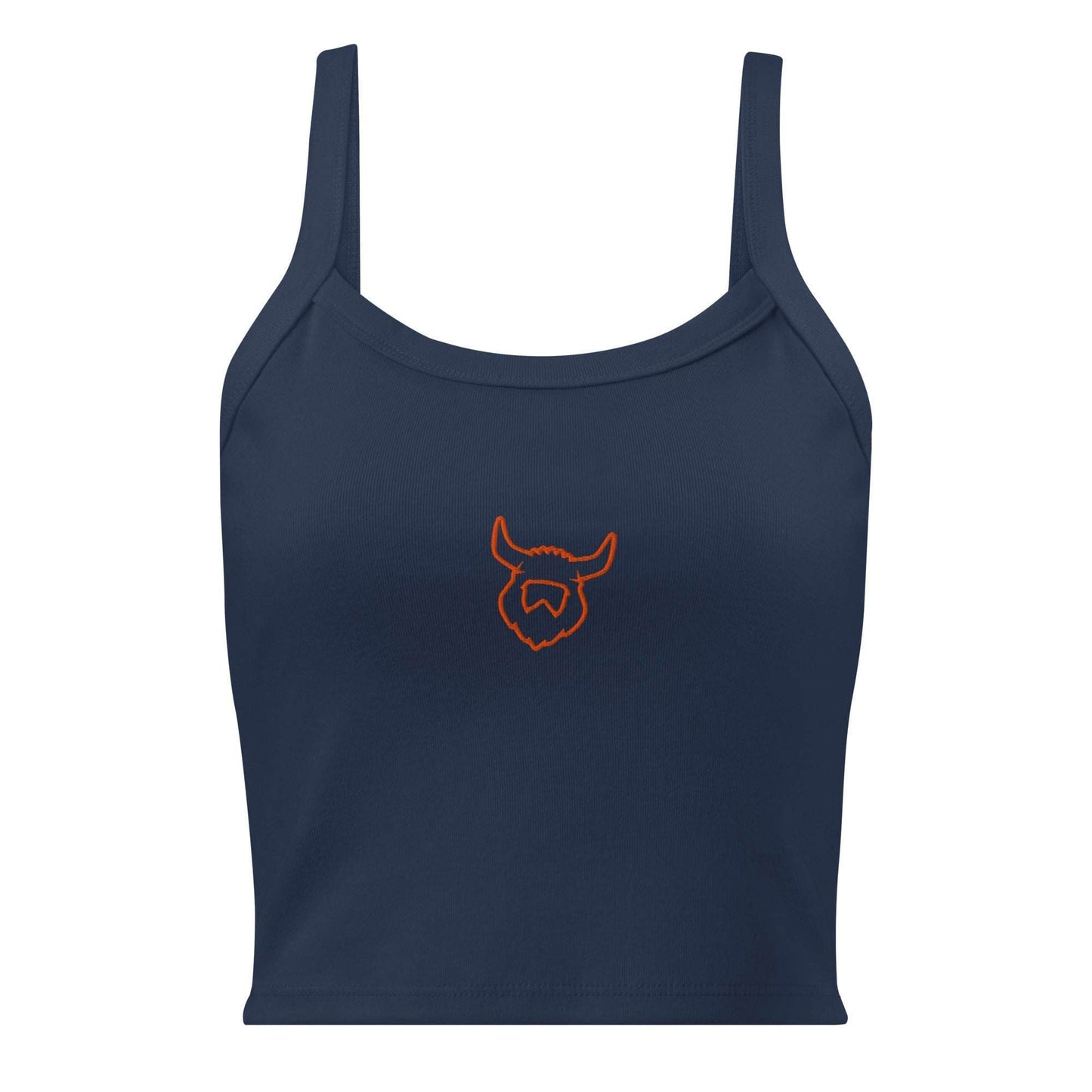 Women’s micro-rib Viking tank top in navy blue with orange Viking logo and thick straps
