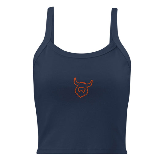 Women’s micro-rib Viking tank top in navy blue with orange Viking logo and thick straps